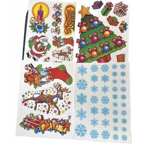 VTG Christmas Static Cling Window Decorations Super Signs 4 Holiday Sheets NEW